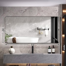 MIOZON 55X30 Inch Matte Black Metal Framed Bathroom Mirror Large Rectangle Wall-Mounted Vanity Mirror with Round Corners Anti-Rust Tempered Glass Shatter-Proof Mirror (Horizontally/Vertically)