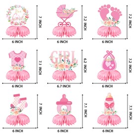 9Pcs Pink Rose Honeycomb Centerpieces for Girls Baby Shower Decorations, Baby Girl Honeycomb Centerpieces Table Decor, It's a Girl Gender Reveal Table Centerpiece, Newborn Baby Photo Booth Props