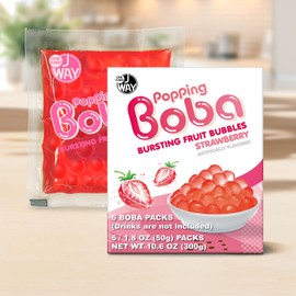 J WAY Bursting Popping Strawberry Boba Pearls, Strawberry Syrup, Non-Dairy, Fat-Free Popping Tapioca Boba for Beverages, Sweets, Ice Cream, 1.8oz (Pack of 6)