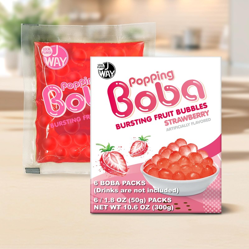 J WAY Bursting Popping Strawberry Boba Pearls, Strawberry Syrup, Non-Dairy,