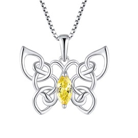 FJ Butterfly Necklace 925 Sterling Silver Irish Celtic Knot Pendant November Birthstone Necklace Citrine Jewelry Gifts for Women