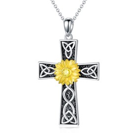 LEECCI Sunflower Cross Necklace 925 Sterling Silver Celtic Cross Pendant Anxiety Jewelry for Women Birthday Valentine's Day Mother's Day Gift