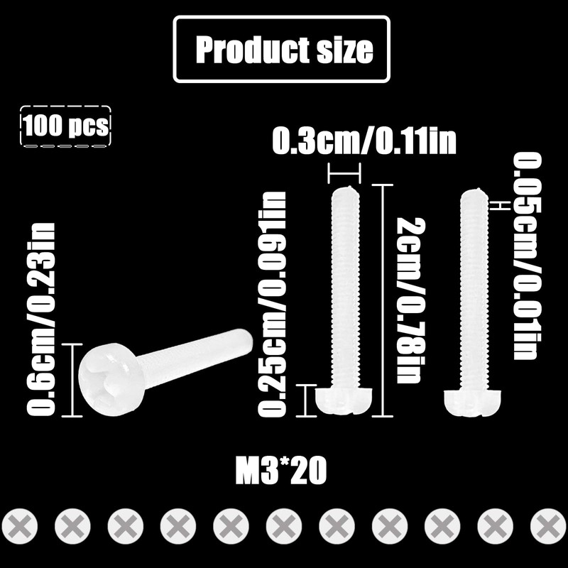 NILLOS Metric Nylon Cross Pan Head Screws, 100 PCS Phillips