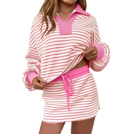 Fisoew Womens Striped 2 Piece Outfits Casual Sweatshirt Skirt Set Long Sleeve Skort Workout Set Matching Lounge Sets