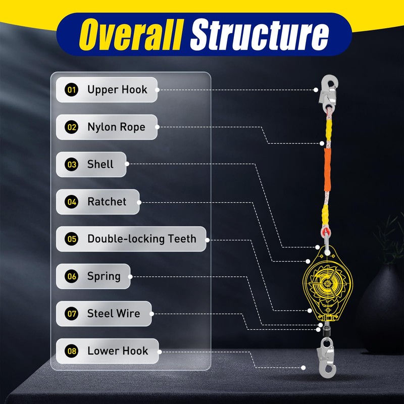 23ft/7m Self Retracting Lifeline,Lanyard Arrester Fall Protection,Retractable Safety Lanyard w/Alloy