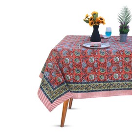 Handblock Print Cotton Tablecloth -Square 60"x60" - Reusable, Washable & Decorative Dining Table Cover for Home, Parties, Festivals & Christmas, SR -10