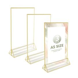 WeeGoo 3 Pack A5 Acrylic Sign Holder with Gold Borders, Double Sided Table Menu Holders, Clear Plastic Display Sign Stands for Restaurant, Store, Hotel Display