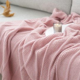 Carriediosa Knit Throw Blanket for Couch 60" X 80" Twin,Soft Cozy Stripe Pattern Cable Knitted Throws Fall Fluffy Textured Solid Home Decor Blankets Couch Cover for Bed Sofa,Dusty Pink