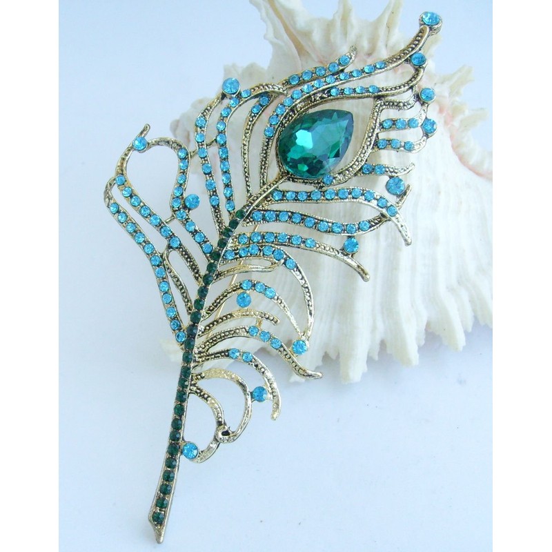 Sindary Rhinestone Crystal Peacock Feather Brooch Pin Pendant BZ5860 (Gold-Tone