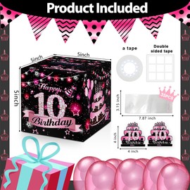Toerifer Birthday Money Box for Cash Gift, Pink Surprise Box Explosion Gift for Boys Girls Kids Pull, 10th Birthday Money Gift Ideas, 10 Years Old Birthday Party Decor-Included 35 Bags