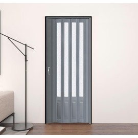 DIYHD 38X96in Accordion Folding Door with Mount Hardware,Grey PVC with Acrylic Glass Multifold Door for Closet