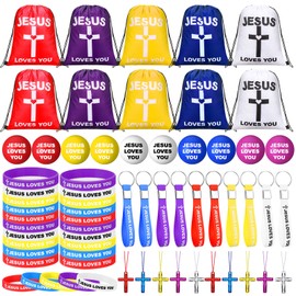 SilTriangle 100 Pcs Jesus Loves You Party Favors Includes Jesus Loves You Drawstring Backpack, Bracelets, Keychains, Cross Necklaces and Stress Balls for Easter Church Christian Gift(Assortment Color)