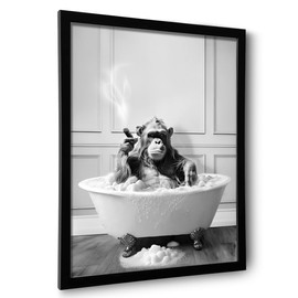 Framed Bathroom Decor Wall Art, Chimpanzee in Bathtub, Black and White Wall Art, Funny Bathroom Wall Decor Signs, Cute Animal Art Home Decor (Framed,8''x10'')