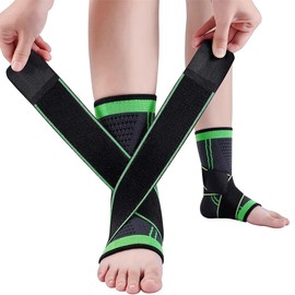 KIRZAX Pack of 2 Ankle Braces for Men and Women, Adjustable Ankle Brace & Ankle Brace, for Plantar Fasciitis & Achilles Tendon, with Elastic Bands (2 x Green, L)