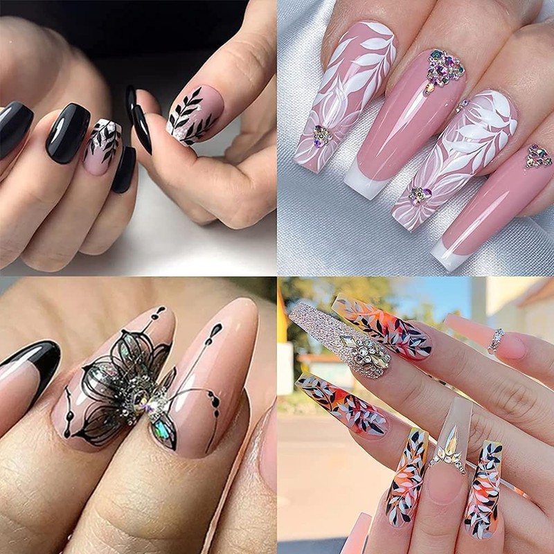 LANODO 12 Pcs Nail Stickers, Black, Gray, Nail Seal, Plant,