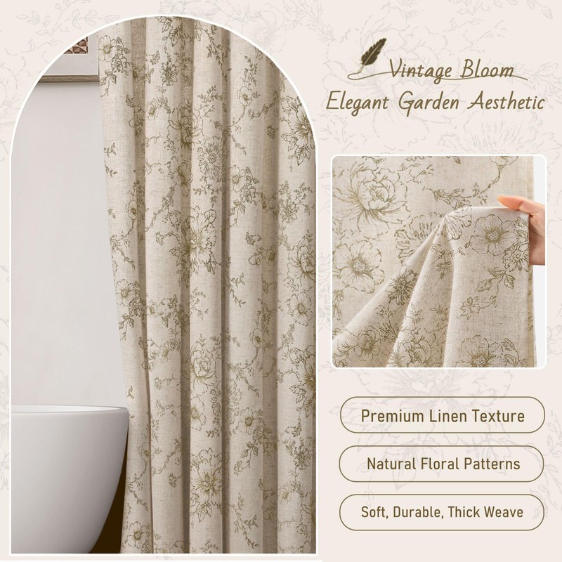 NDDYCU Farmhouse Floral Linen Shower Curtain, Vintage Beige Pattern Rustic