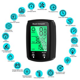 Fiotha Digital Bicycle Computer, 19 Function Waterproof Bicycle Speedometer, LCD Automatic Wired Odometer Bicycle, Backlight Cycling Computer for Cycling, Realtime Speed Track