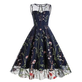 Keyhole Floral Embroidery Dress Mesh Sleeveless Embroidered Dress for Women Flower Dress Illusion Retro Vintage Cocktail Party Dress Patchwork Wedding Holiday A-line Tulle Evening Dress Navy Blue XL