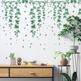 Mansoyun Natural Landscape Wall Sticker Green Rattan and Flowers, Green Leaves and Floral Pattern, Green Hanging Plants, Wisteria Wisteria, Butterfly and Birdcage Design, Natural Style Interior Seal