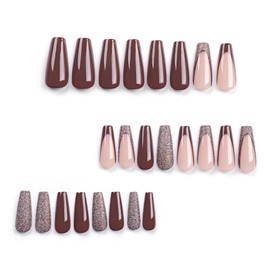 IMSOHOT Coffin Press on Nails Long Brown French Tips Fake Nails with Glitter Designs Glossy Full Cover Fall Glue on Nails Gel Acrylic Reusable False Nails for Women 24Pcs