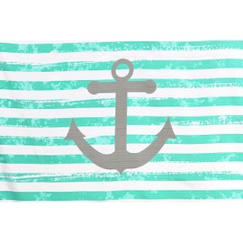 Coastal Collection Anchor Stripe Fabric Shower Curtain: Bright Aquamarine Distressed Stripes with Grey Anchor on White Background