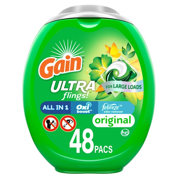 Gain Ultra flings Liquid Laundry Detergent pacs Designed for Large Loads, Original Scent, 48 Count