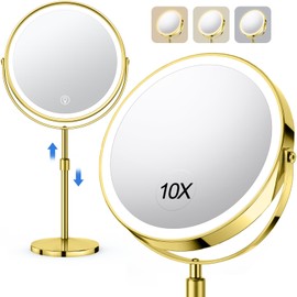 10X Large Rechargeable Height Adjustable Vanity Mirror, 1x/10x Magnifying Mirror with 3 Color, Brightness Adjustable, 360 Rotation Double Sided, Ideal Gift (Gold)