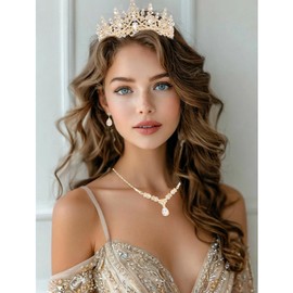 KICOSY Gold Jewelry Set for Women Crystal Crown Tiara and Necklace Kit, Crown Earrings Neck Accessories for Bride Wedding Halloween Prom Pageant Jewelry Birthday Costume Party Bridesmaid Dress up