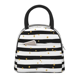Duduho Black And White Stripe Lunch Bag Large Tote Bag Golden Polka Dots Reusable Lunch Box Container For Women Men Office Work Picnic, 10l