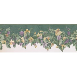 CONCORD WALLCOVERINGS ™ Wallpaper Border Floral Pattern Colorful Leaves, Die Cut Edge for Kitchen Dining Area Cottage Living Room, Green Yellow Lilac, 15 Feet by 7 Inches 138902