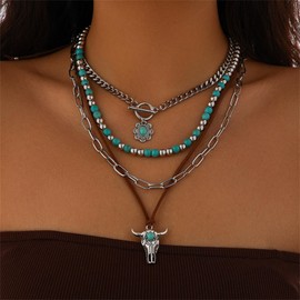 Layered Western Necklaces for Women,Vintage Multi-layer Turquoise Beaded Choker Necklace Punk Cowgirl Water Drop Ox-head Boots Hat Cross Chain Necklaces Country Concert Western Jewelry (Style-E)
