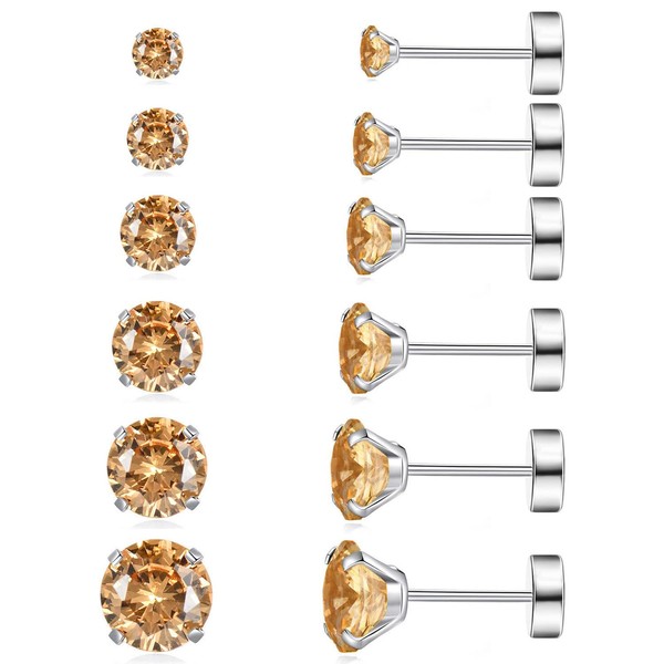 6 Pairs Stud Earrings Set, Hypoallergenic Cubic Zirconia Earrings 316L