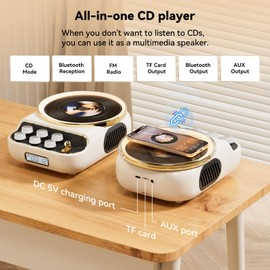 Retro Portable CD Players with Bluetooth Speakers, FM Radio, Night Light, LCD Display, 4000 mAh Battery, Vintage Radio Built in Dual Speakers Supports USB/AUX/Type-C for Home, Gifts (White)