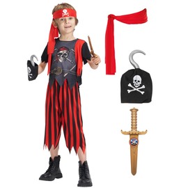 IKALI Boys Pirate Costume, Kids Pirate Role Playing Outfit, World Book Day Outfit with Eye Patch, Headband, Sabre, Hook 7-8 Years