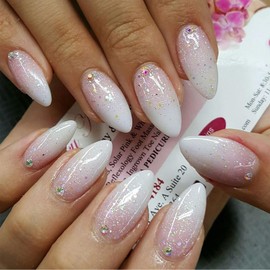 Ombre Press on Nails Almond Medium Fake Nails Glitter False Nails Press ons Glossy Full Cover Acrylic Nails Gradient Pink White Glue on Nails for Women 24 Pcs