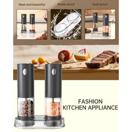 CIRCLE JOY Electric Salt and Pepper Grinder Set Rechargeable Salt and Pepper Mills with Storage Base, Adjustable Coarseness and White LED Light, Washable 95ml Container, Black