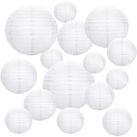 16 PCS White Round Paper Lanterns, Chinese Round Lanterns Hanging Decorations Different Sized Lampshades Size 4" 6" 8"10"12" Paper Lanterns for Weddings Party Garden Birthday Family Gathering Patios