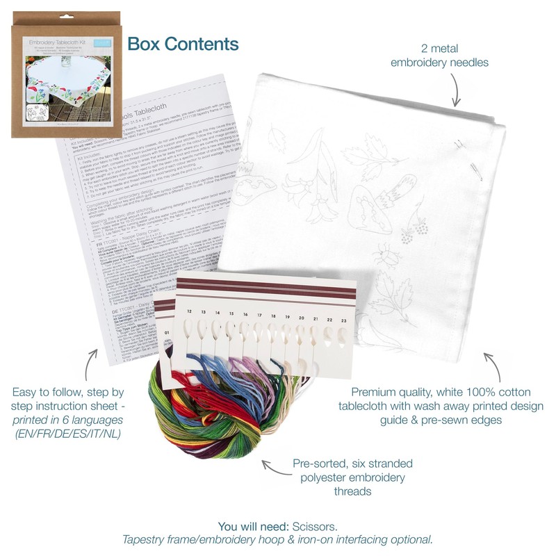 Trimits Embroidery Kit - Tablecloth - Includes Printed Fabric, Threads,