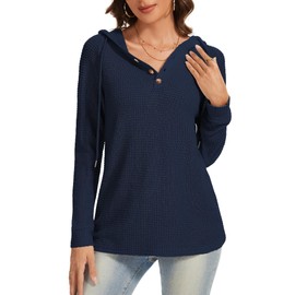 Dimur Oversized Tshirts for Women Fashion Pullover Tops Lightweight Drawstring Button Hoodies Breathable Womens Work Tops Early Fall Fashion Blue