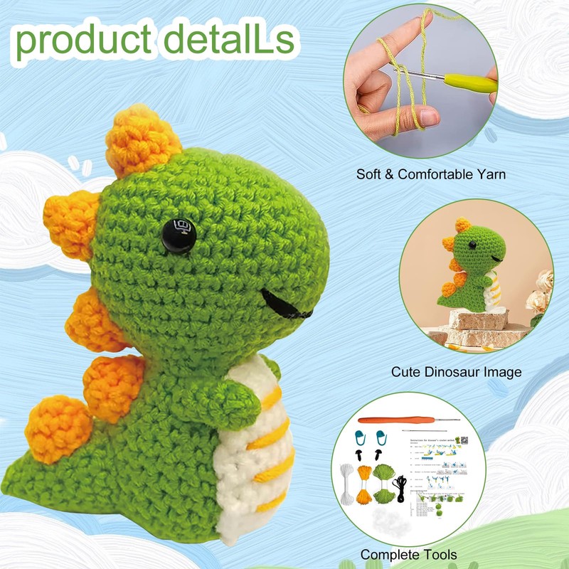 Jodsen Knitting Set with Crochet Hooks, Cute Dinosaur Crochet Set