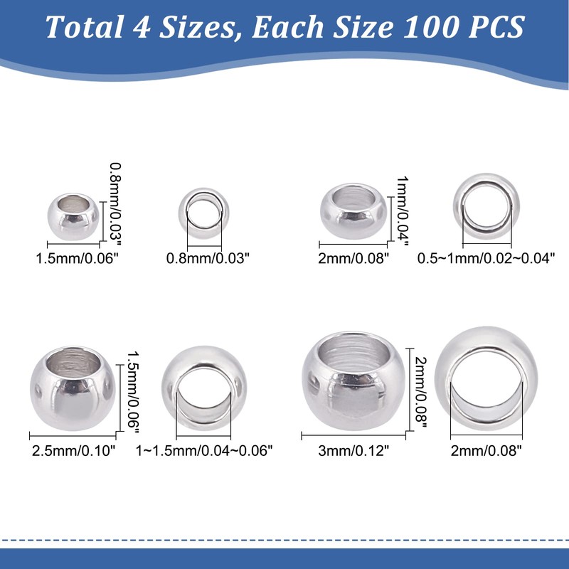 UNICRAFTALE 400 Pieces 4 Sizes Spacer Beads 304 Stainless Steel