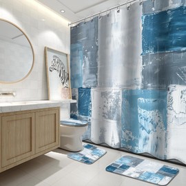 Lnond 4Pcs Bathroom Sets with Shower Curtain and Rugs, Blue White Abstract Bathroom Shower Curtain Sets, Blue Modern Art Bathroom Sets with Rugs and Accessories