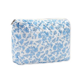 Long Keeper Large Cosmetic Bags Floral Aesthetic Makeup Bag for Women Cotton Travel Makeup Bag Flowers Toiletry Bag Organiser Wash Bag, White Blue Flower, Floral Cosmetic Bag