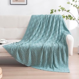 YIRUIO 100% Pure Cotton Knit Throw Blankets 3D Checkered Pattern Quilt for Couch Bed Sofa Home Decor Gifts Office Camping and Travel All Season Teal Blue 51 x 63 inch