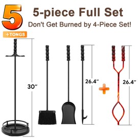 AMAGABELI GARDEN & HOME 5 Pieces Fireplace Tools Sets Wrought Iron Indoor Fireplace Set with Poker Tongs Broom Shovel Stand Fire Tools Outdoor Fire Place Fire Pit Hearth Accessories Sets Black