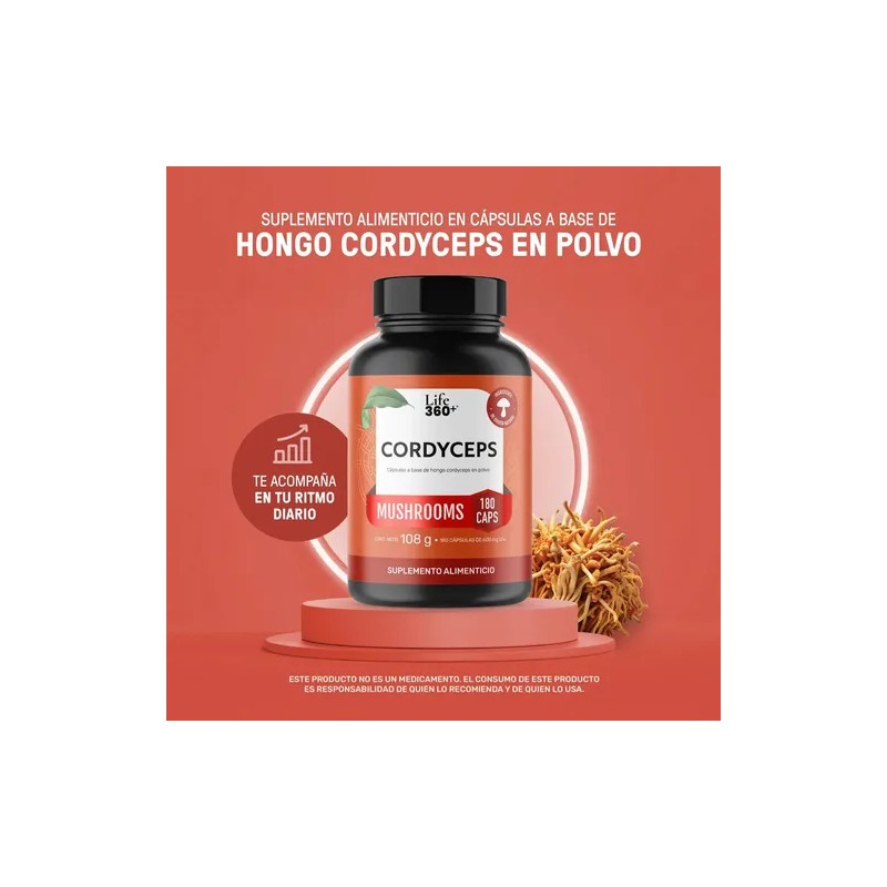 Cordyceps Mushrooms Life 360+ 180 Cápsulas Hongo Cordyceps Sin Sabor