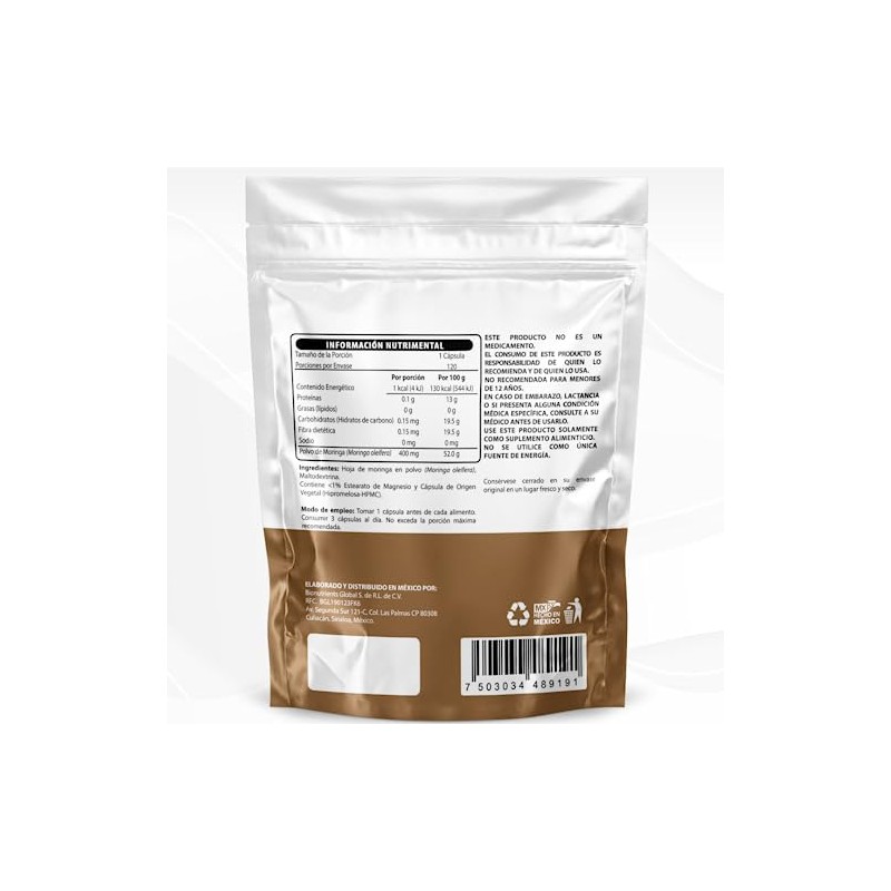 Wellthy Moringa 120 Cápsulas 400mg. 100 Pura, 100 Natural, 4