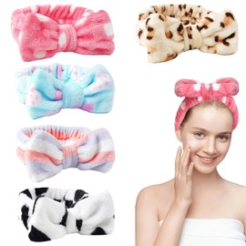 5 PCS Facial Headband, Makeup Hair Band Women Elastic Bowknot Skincare Headband Coral Fleece Spa Headbands for Girls Washing Face Makeup Shower (Blue, Pink, White, Striped, Leopard, One Size)