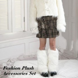 Furry Leg Warmers with Fluffy Wrist Warmers Set, White Faux Fur Boot Covers Accessory for Ladies, Fluffy Leg Warmers Fuzzy Wrist Cuffs for Winter Party Christmas Costume (White, One Size)