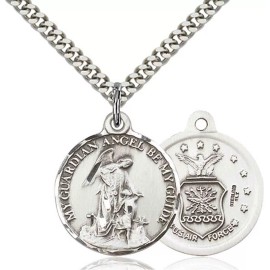 Bliss Sterling Silver Guardian Angel Air Force U.S. Medal Pendant Necklace 24" Chain
